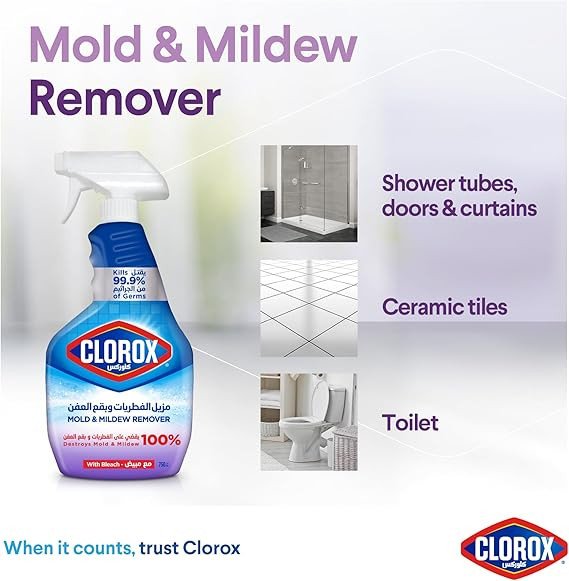 Clorox Mold & Mildew Remover spray with bleach, 750ml, Kills 99.9% Of Germs, 100% Destroys Mold and Mildew