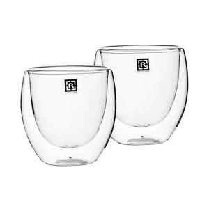 Royalford Bars 2Pc Double Wall Cup Set - Borosilicate Glass - Clear - 300 ML