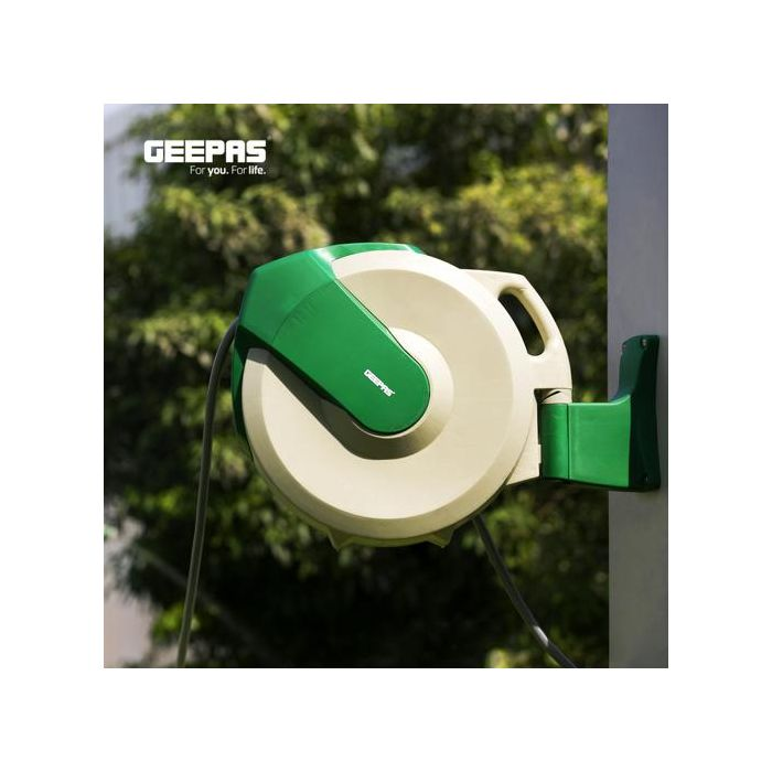 Geepas GWH59056 30M 1/2" Automatic Ready To Water Hose Reel With 180 Swivel Mounting Bracket, Lock Mechanism, Hose Fitting, Adjustable Hose Stop And More