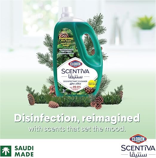 Clorox Scentiva Disinfectant Floor Cleaner 3L, Mediterranean Pine Forest, Kills 99.9% of Viruses and Bacteria, Bleach Free
