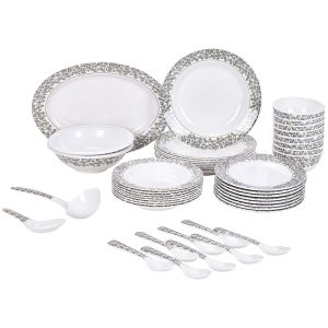 Royalford Melamine Ware 45 Pieces Dinner Set - Melamine - White - 45 Pieces