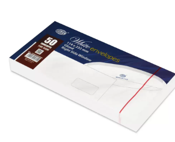 50-piece FIS White Envelopes, 100 GSM, 114 X 232mm, Glued, Right Side Window