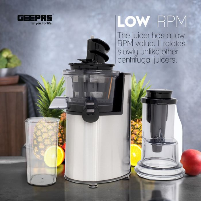Geepas GSJ44019UK 200W Masticating Slow Juicer Machine | Cold Press Juicer, 80 MM Big Wide Mouth, Creates Fresh Healthy, High Nutrient Vegetable & Fruit Juice | Quiet Motor & Reverse Function