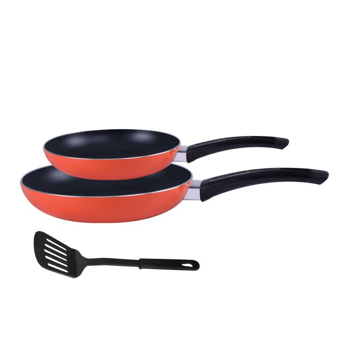 Royalford RF7802OR 3Pcs Aluminium Fry Pan 18 & 24 Cm With Slotted Turner - Non-Stick Fry Pan | Ergonomic Handle | Dishwasher Safe, Evenly Heating 2 Layer, Induction Base | Ideal For Frying Sauting Sti