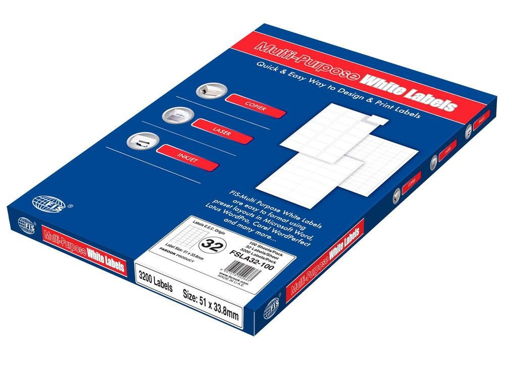 FIS Multipurpose Laser Labels, Colour White, Size 51X33.8, (32 Sticker x 100 Sheet) A4 Size, E.U. Origin Material - FSLA32-100