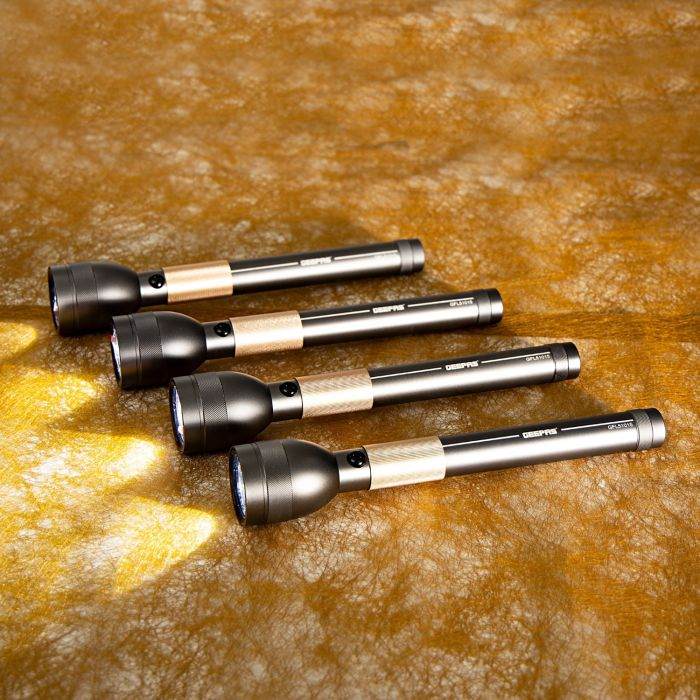 Geepas 4 In 1 Rechargeable Waterproff Family Pack LED Flashlight 1900 MAh - 330 Lumens Super Bright Light Rechargeable Flashlight| Aluminium Body, Water Proof, Highly Durable CREE LED Lights