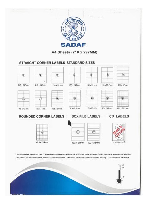 Sadaf 100-Piece A4 Size MultiPurpose Labels 105x37 mm | 16 Label Per Sheet