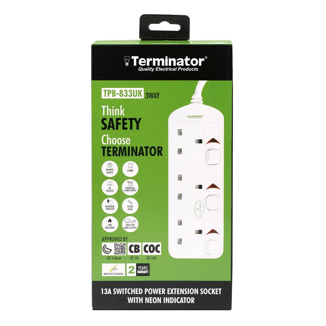 3 Way UK Power Extension Socket With Individual Switches 5M 1.25mm2 Cable 13A Plug