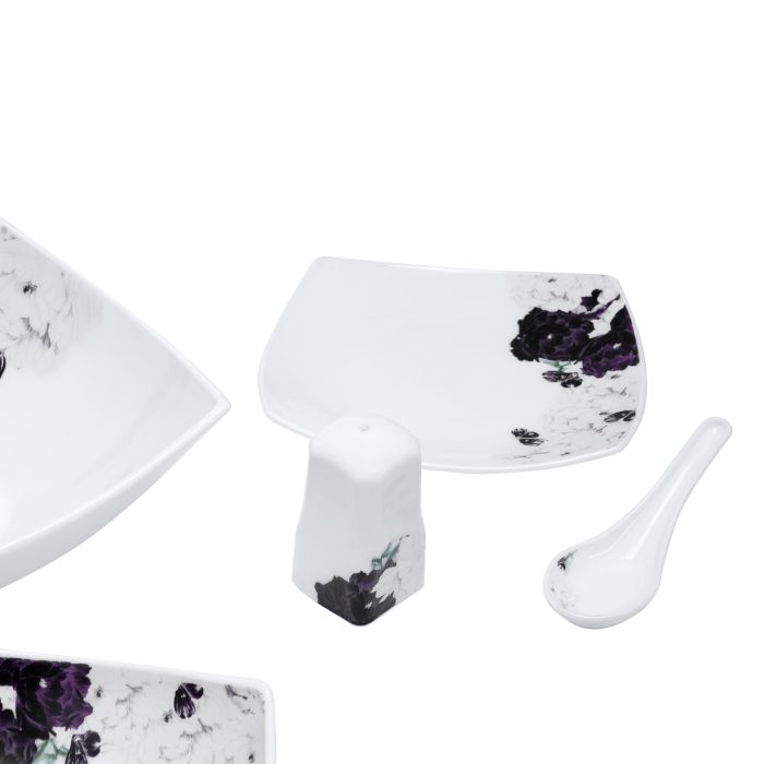 Royalford RF9757 71Pcs Opal Ware Dinner Set - Floral Design Plates, Bowls, Spoons & Salt & Pepper Set | Comfortable Handling | Ideal For Everyday Use, Family Get- Together, Restaurant, Banquet (Purple