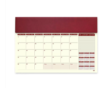 FIS Year Planner 2024 (English/French) with PVC Desk Blotter and Italian PU Flap, Maroon - FSDKPEF24MR