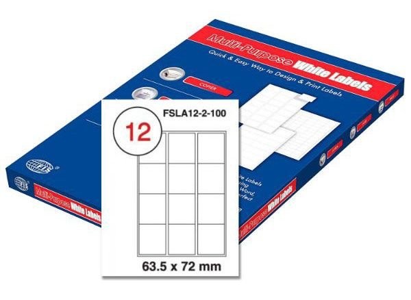 FIS Multipurpose Laser Labels, Colour White, Size 63.5X72MM, (12 Sticker x 100 Sheet) A4 Size, E.U. Origin Material - FSLA12-3-100