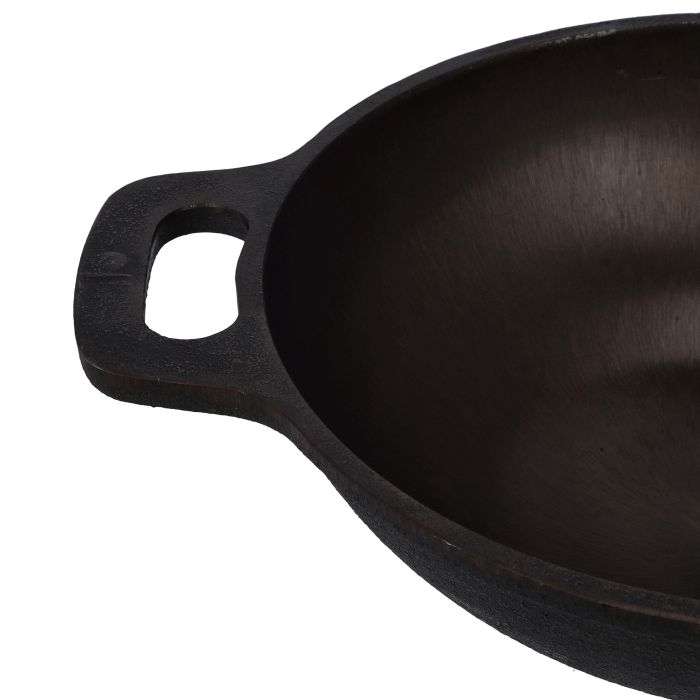 10inch Cast Iron Double Handle Kadai, RF10399 | Heavy Duty Construction Cast Iron Grilling Wok | Concave & Shallow Wok For Sautees & Stir Frys With Wide Handles