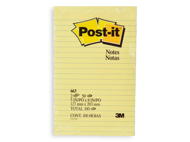 3M 663 Post it Notes - Ruled, 5" x 8", Yellow, 50 Sheets (2Pads/Pack)