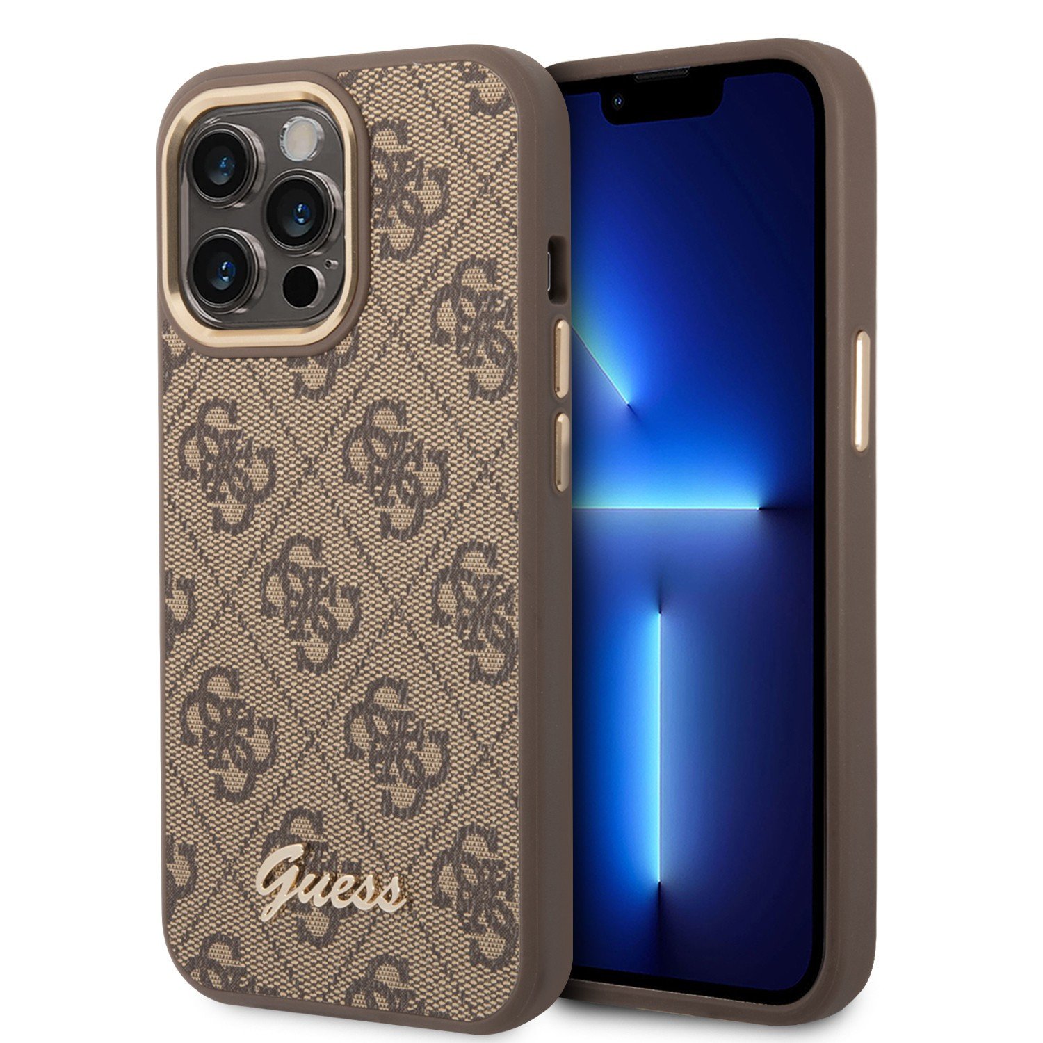Guess PC/TPU 4G PU Case With Metal Camera Outline & Buttons For iPhone 14 Pro - Brown