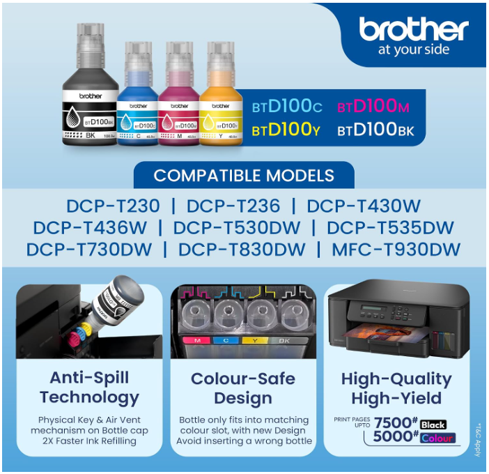 Brother Genuine BTD100BK Ultra High Yield Black Ink Bottle, 7,500 Page