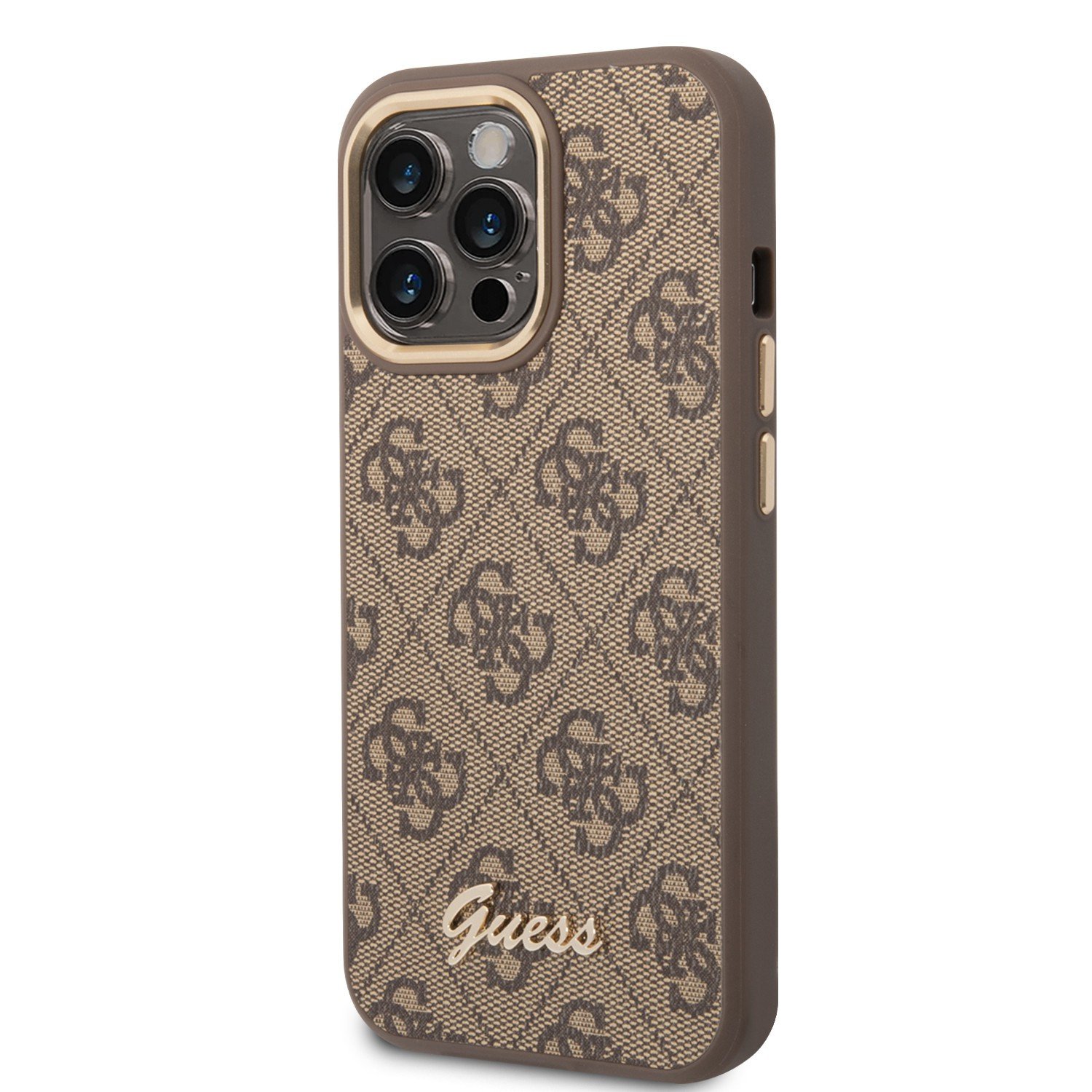 Guess PC/TPU 4G PU Case With Metal Camera Outline & Buttons For iPhone 14 Pro Max - Brown