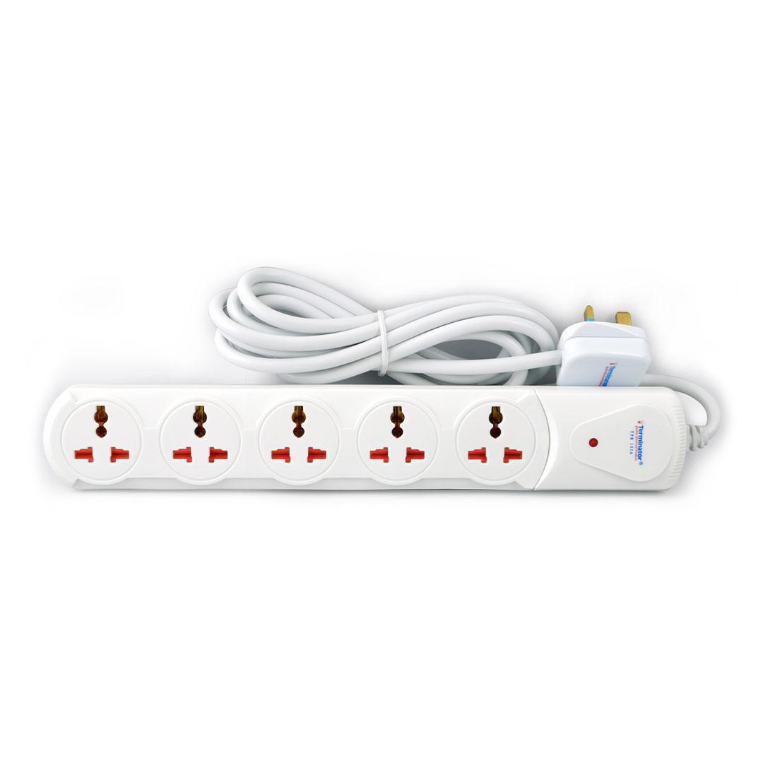 5 Way Universal Power Extension Socket 1.25mm2 Cable Single LED Off White Body 3M Cable 13A Plug