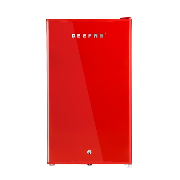 Geepas Single Door Mini Defrost Refrigerator|GRF1202RXE| Mini Fridge| Retro Design| Low Noise| Low Voltage| Quick Cooling| Easy Cleaning| Red