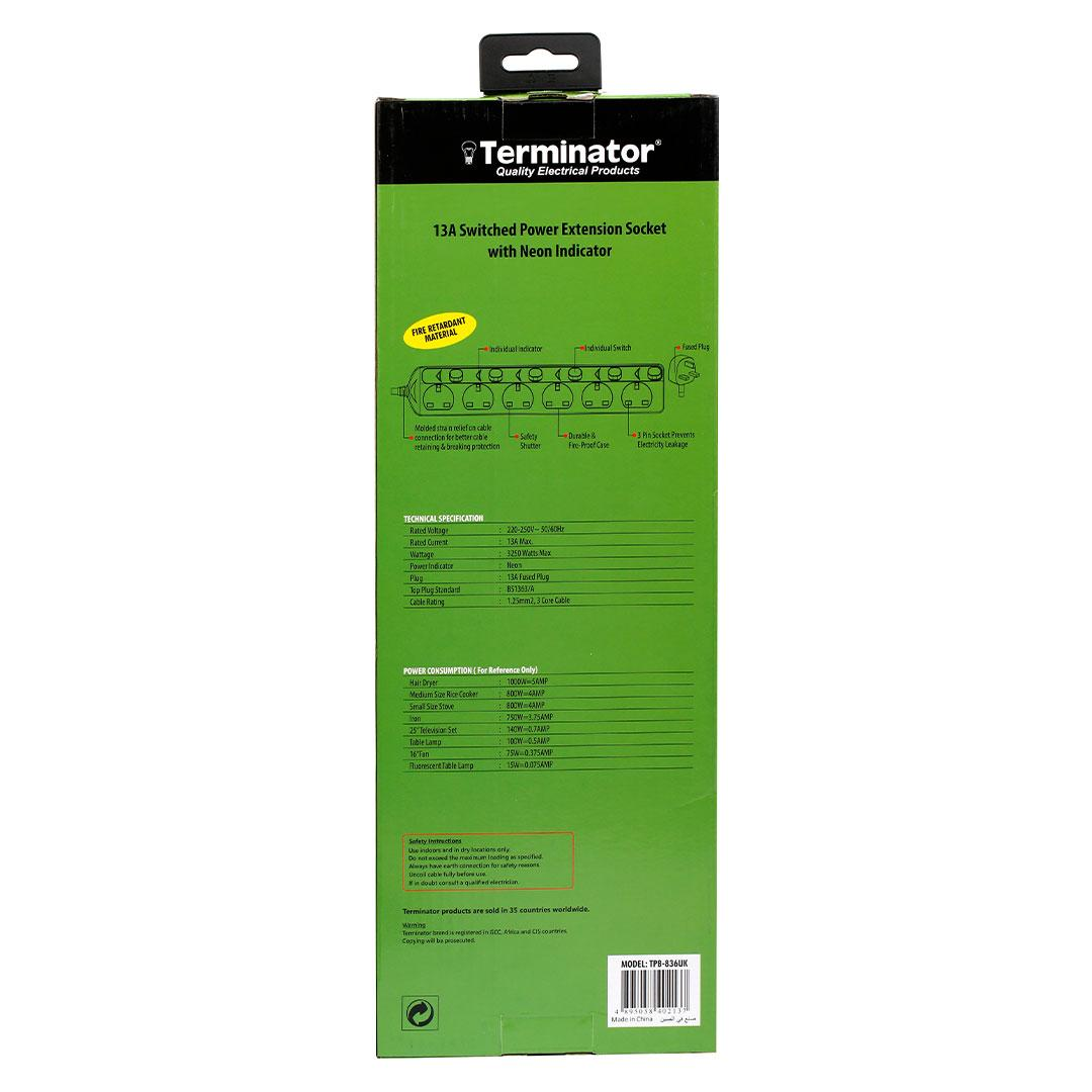 6 Way UK Power Extension Socket With Individual Switches 3M 1.25mm2 Cable 13A Plug