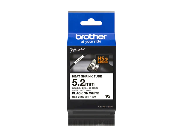 Brother P-touch 5.2mm HSe-211E Heat Shrink Tube, 1.5m, Black on White