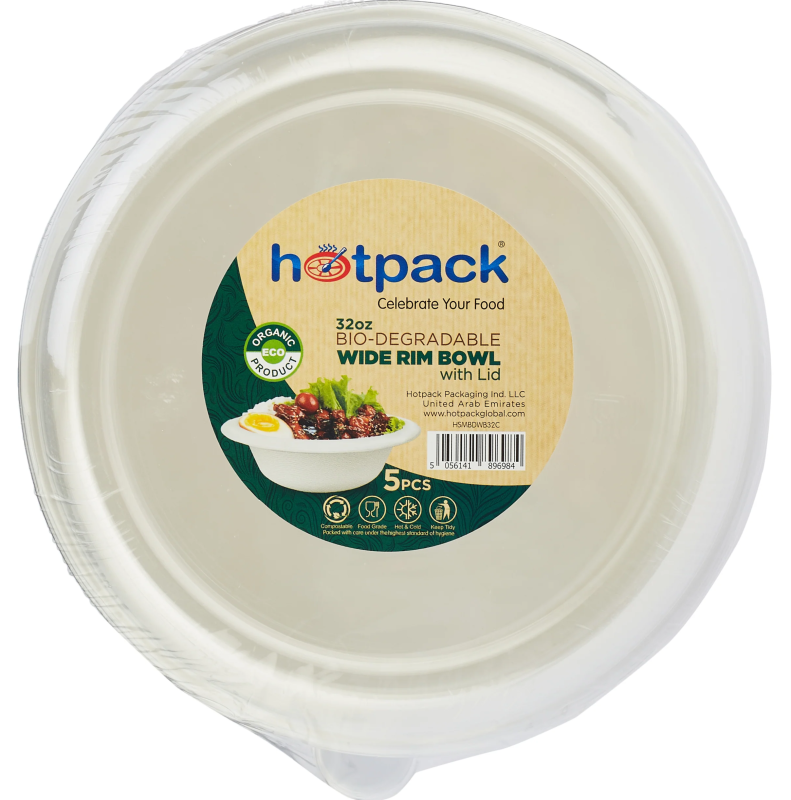 Bio-Degradable 32 Oz Wide Rim Bowl With Lid 5 Pieces