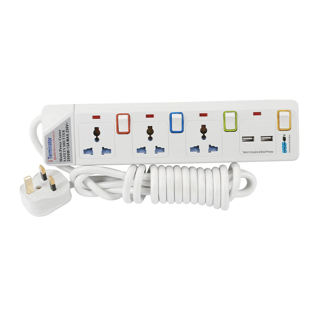 3 Way Power Extension Socket With 2 USB 2.1A 5M 13A Plug