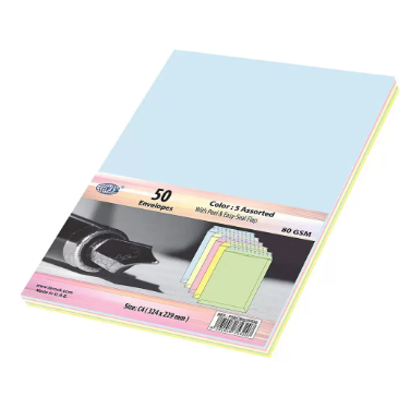 FIS Color Envelopes Peel & Seal, Neon Colors, Pack of 50 Pcs. 5 Asst Color, C4 (324 x 229 mm), 80 GSM - FSEC8027P5B50