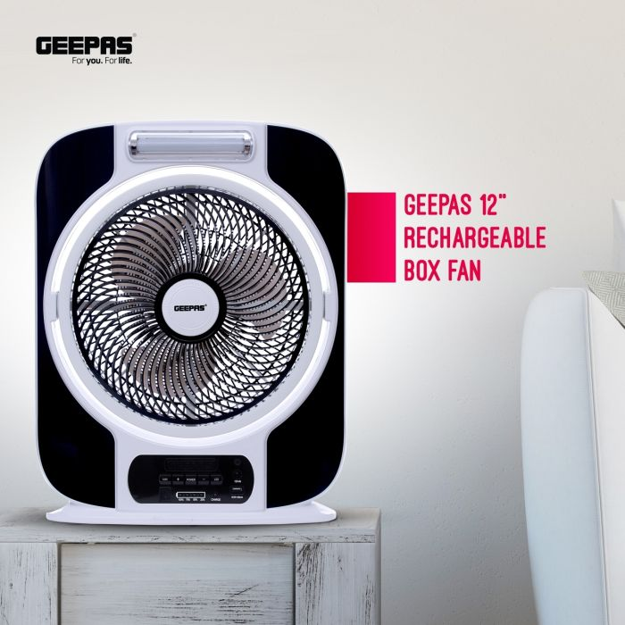 Geepas 12'' Rechargeable Box Fan - 16 Pcs Hi-Power SMD LED Light - USB Fan For Office, Home & Travel Use - 40 Hours Working - 2 Year Warranty