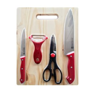 Royalford 4 Piece Kitchen Tool With Wooden Cutting Board - Red