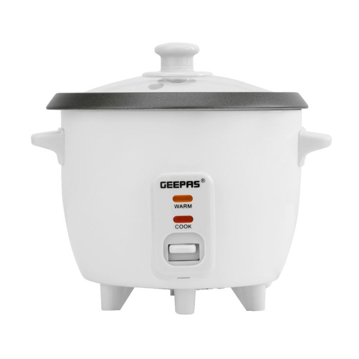 Geepas 0.6 L Multifunctional Rice Cooker- 300W, Equipped With Tempered Glass Lid, Rice Spoon, Plastic Inner Steamer And Measuring Cup