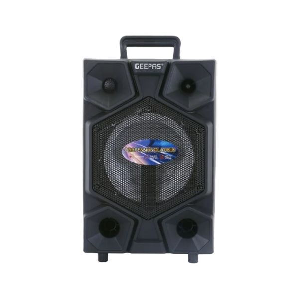 Geepas 8-Inch Trolley Bluetooth Speaker - Wired Microphones, Battery Powered Rechargeable | Karaoke DJ Speaker With LED Lights | Portable Speaker With Trolley Handle, USB & Auxiliary Inputs | 2 Years
