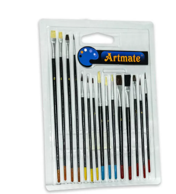 Artmate Artist Brushes (6 Flat & 9 Round Brushes) Assorted Colors - Set Of 15 Pieces - JIAB1578-15