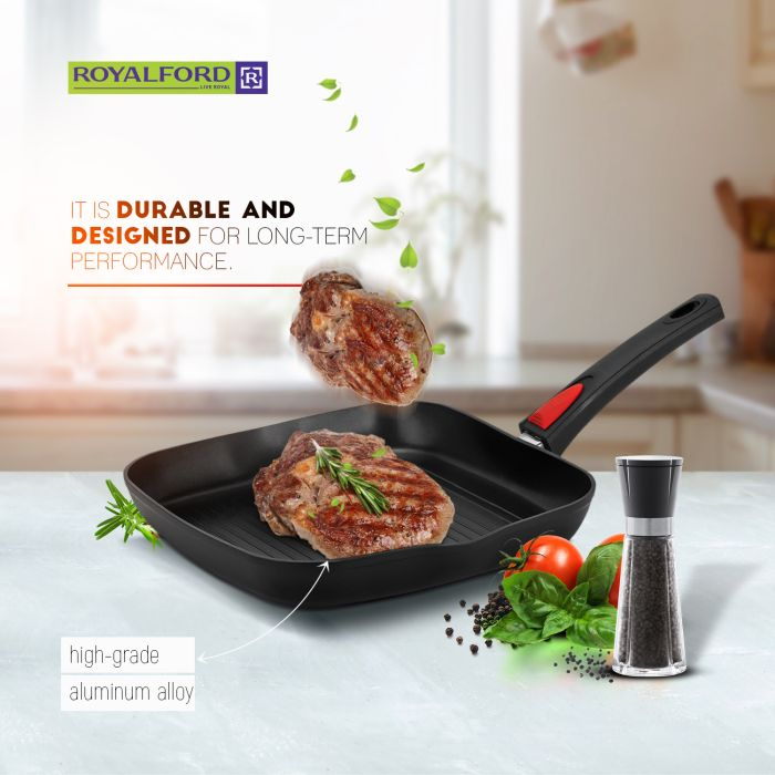 Royalford RFU9080 28 CM Forged Grill Pan - Detachable Handle, Oven Safe, Induction Bottom, 2 Pouring Spouts, 3MM Thickness, Aluminum Alloy