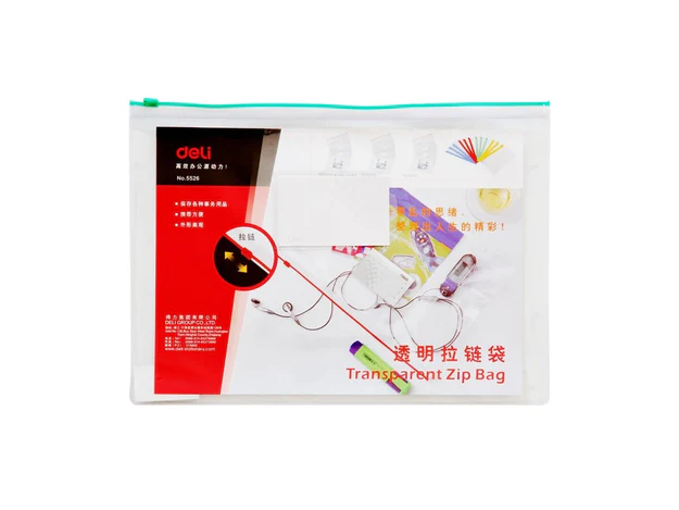 Deli 5526 Transparent Zip Bag A4 size, Assorted Colors, 12pcs-pack