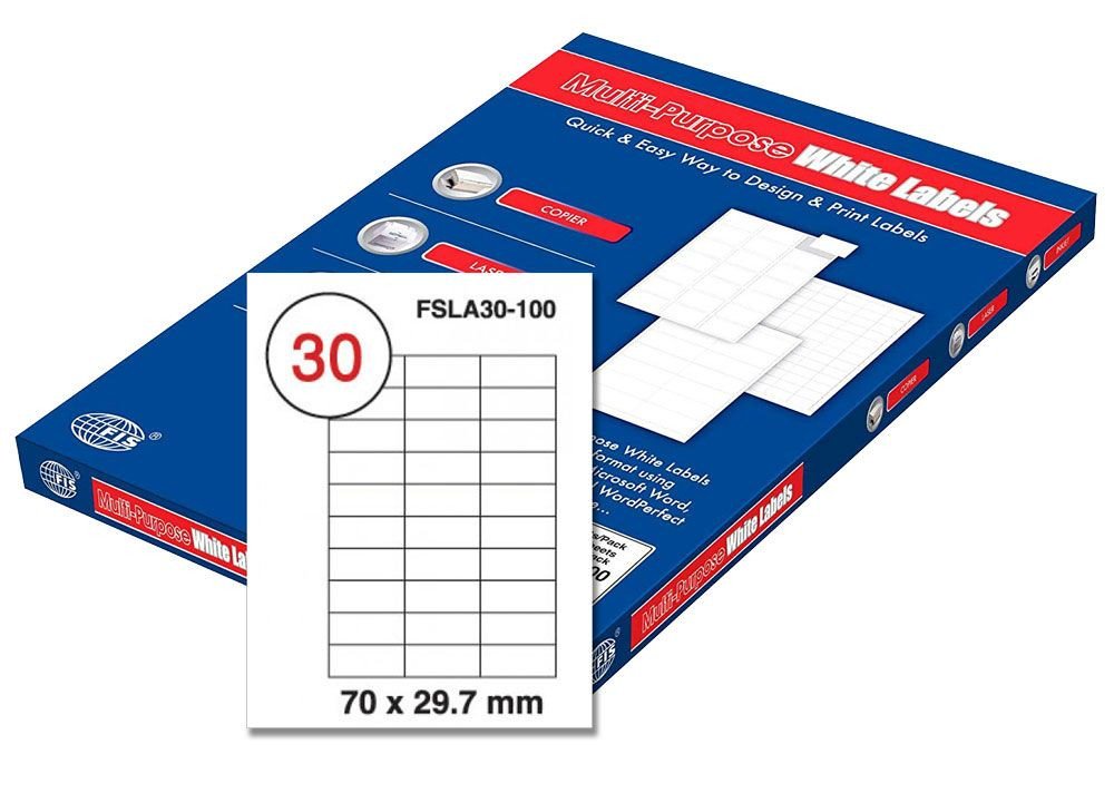 FIS Multipurpose Laser Labels, Colour White, Size 70X29.7MM, (30 Sticker x 100 Sheet) A4 Size, E.U. Origin Material - FSLA30-100