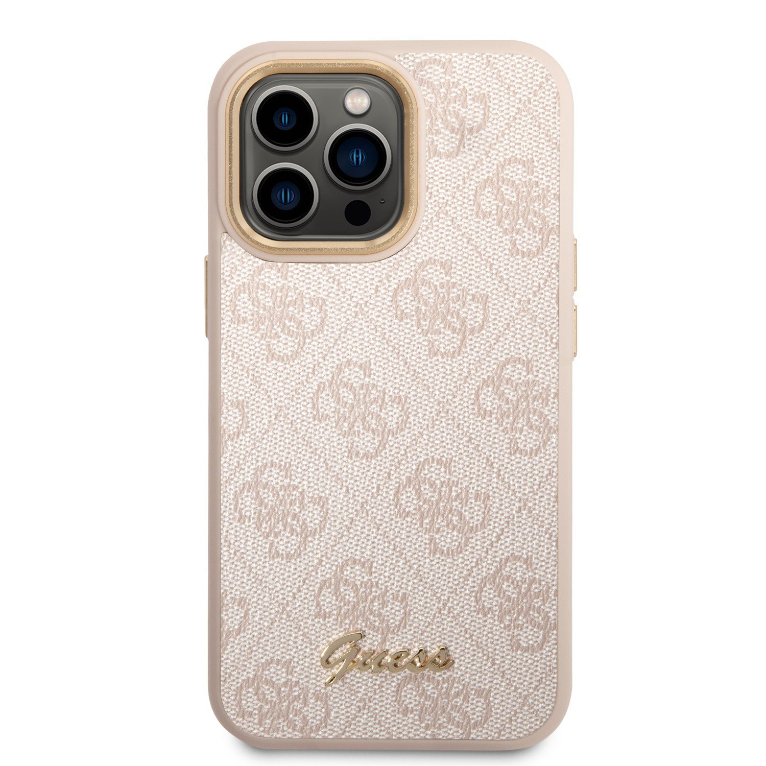 Guess PC/TPU 4G PU Case With Metal Camera Outline & Buttons For iPhone 14 Pro Max - Pink