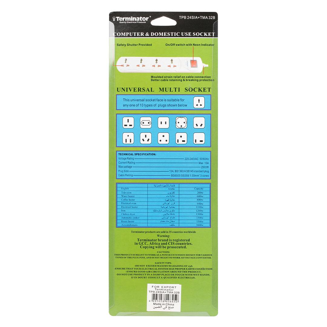 4 Way Universal Extension Socket 1 Switch + Indicator 1.00mm2 Multiadapter TMA 32B 2M Cable