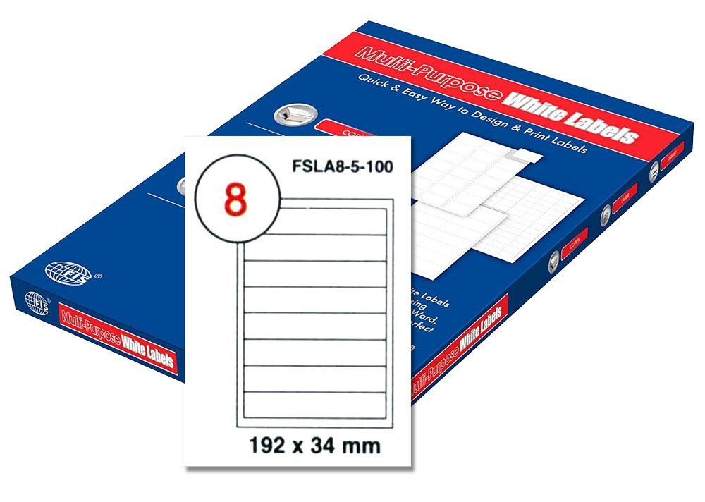 FIS Multipurpose Laser Labels, Colour White, Size 192X34MM, (8 Sticker x 100 Sheet) A4 Size, E.U. Origin Material - FSLA8-5-100