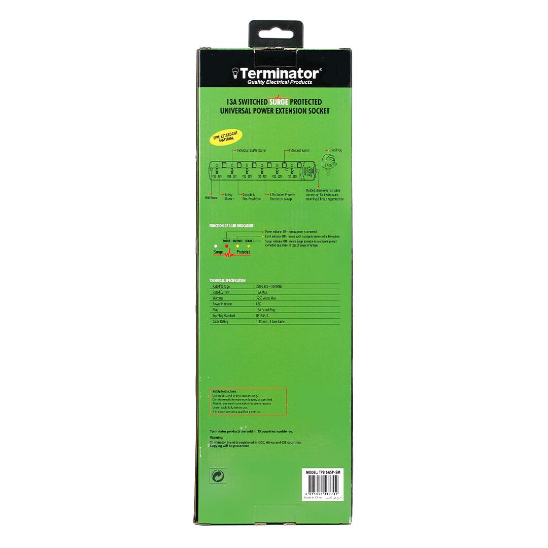 6 Way Universal Power Extension Socket With 3 LED Surge Protection Individual Switches & Indicators 5M 13A