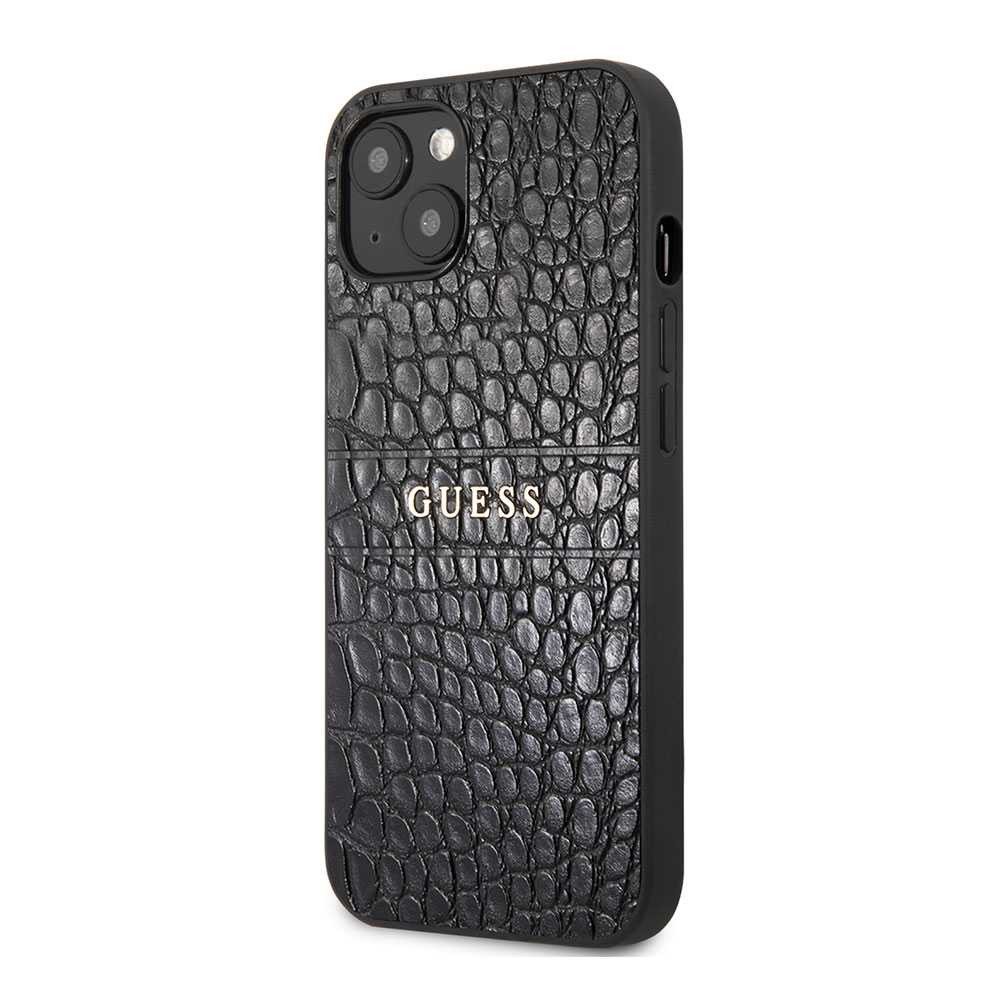 Guess PU Leather Croco Case Hot Stamped Lines And Metal Logo For iPhone 13 (6.1") - Black