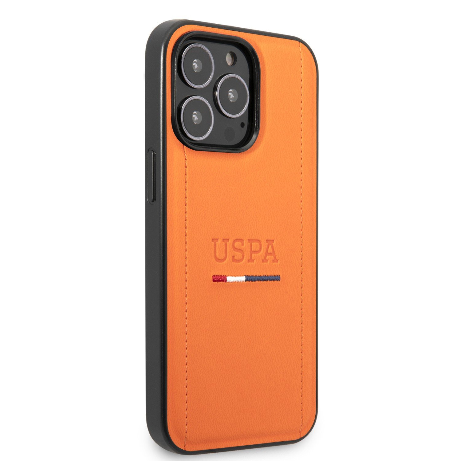 USPA PU Leather Case With Tricolor Stitches & Initials For iPhone 14 Pro Max - Orange