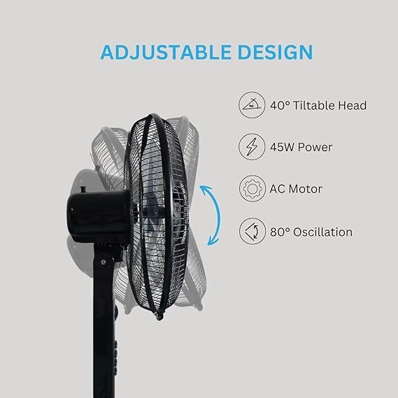 DOMEA Stand Fan 16 Inches, 5 Leaf ABS Blade, 3 Speed Control & Timer, Adjustable Height & Tilt, Ideal For Room, Office, Apartment Use, Silent Pedestal Powerful Oscillating Cooling Fan, 45 W