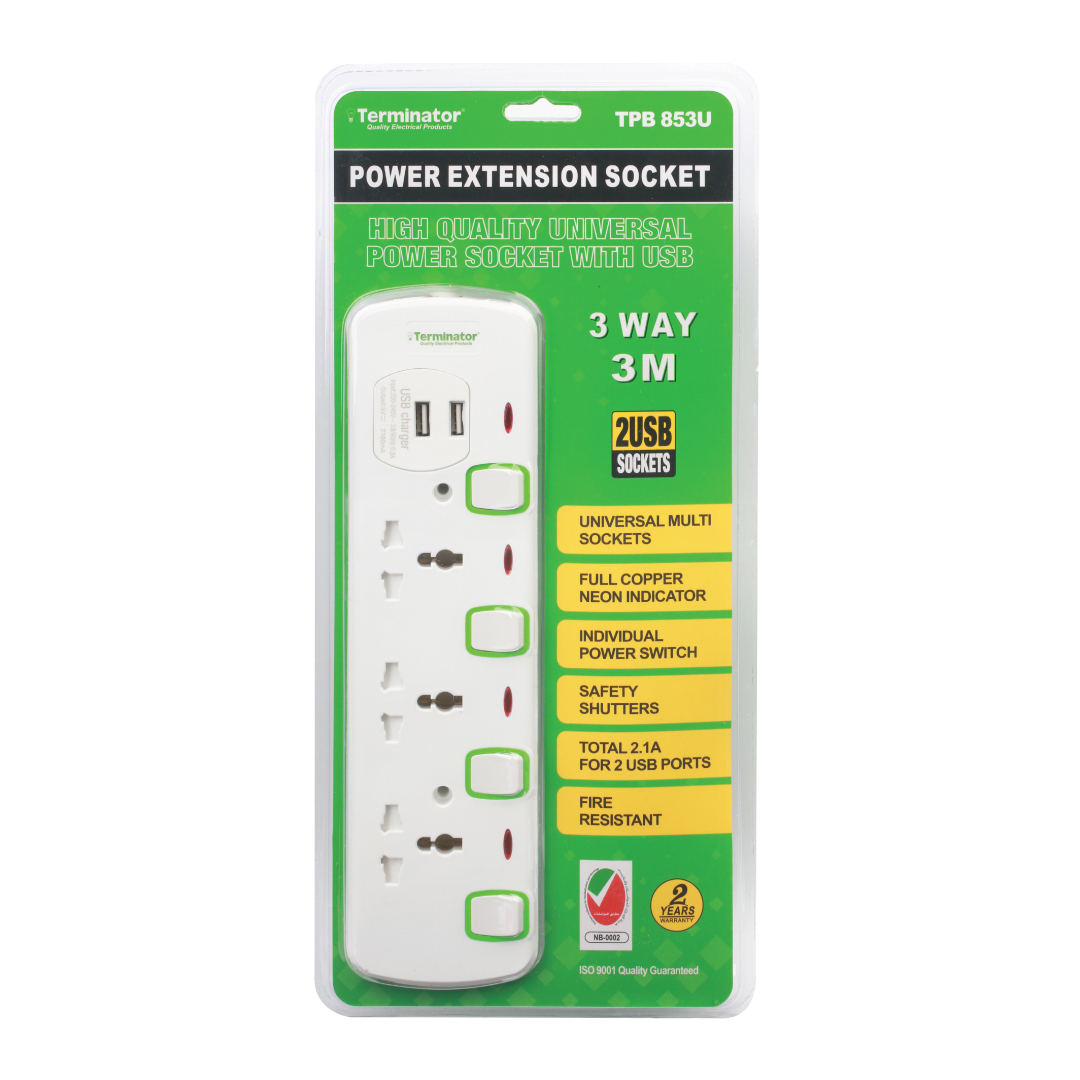 3 Way Universal Power Extension Socket With 2 USB 2.1A, 3M Cable 13A