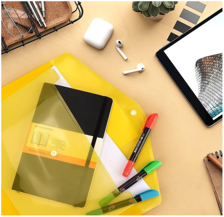 A4 Clear Document Folders, 4 Pack Multicolor Folders Waterproof Plastic Wallets Document Folder Files Popper Wallets with Label Pocket & Button Closure for School, Office, Home