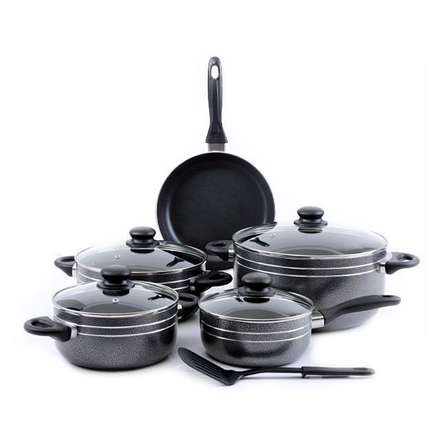 Royalford Rf7065 10 Pcs Non-Stick Cookware Set - Heat Resistant Handles Scratch Resistant, Tempered Glass Lids, Uniform Heat, Bakelite Knobs, And Evenly Heating | Nylon Slotted Turner