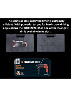 SDS + Rotary Hammer Drill in Kit Box for Concrete, Metal and Wood Drilling 20mm 620W 2KG BDHR202K-B5 Orange/Black