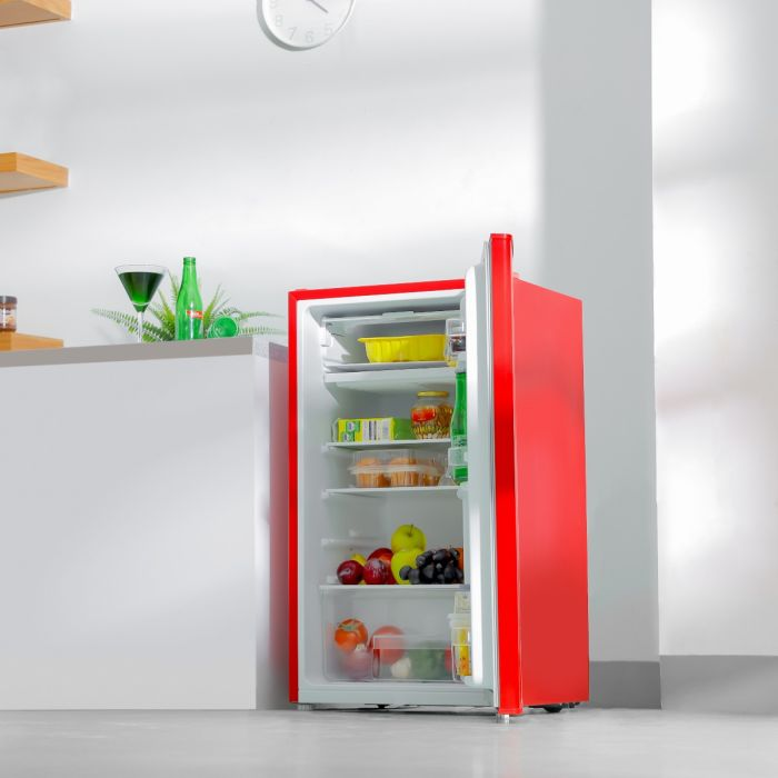 Geepas Single Door Mini Defrost Refrigerator|GRF1202RXE| Mini Fridge| Retro Design| Low Noise| Low Voltage| Quick Cooling| Easy Cleaning| Red