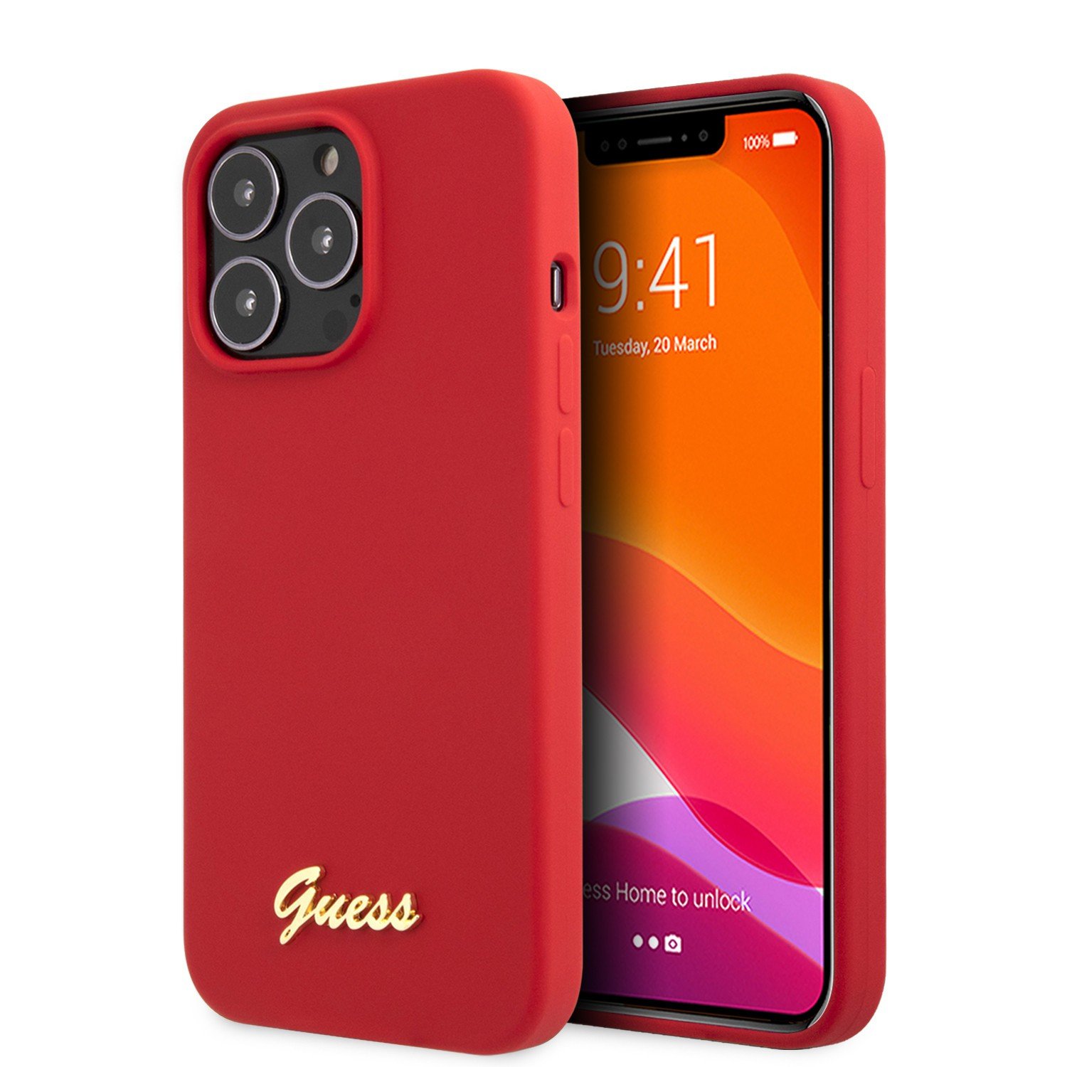Guess Liquid Silicone Case With Gold Metal Logo Script For iPhone 13 Pro (6.1") - Red