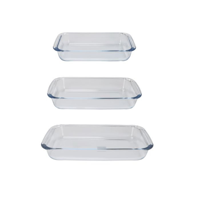 Royalford 3Pcs Rectangle Borosilicate Glass Baking Tray Set 1L, 1.6L & 2.2L - Roasting & Baking Tray | Oven Safe, Dishwasher & Freezer Safe | Ideal For Cooking Serving Storing Freezing Roasting