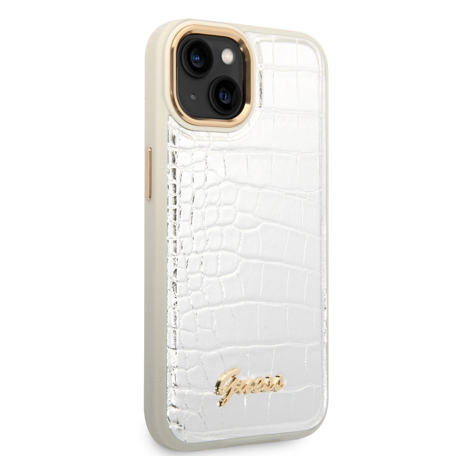 Guess Pu Croco Case With Metal Camera Outline For iPhone 14 Plus - Silver